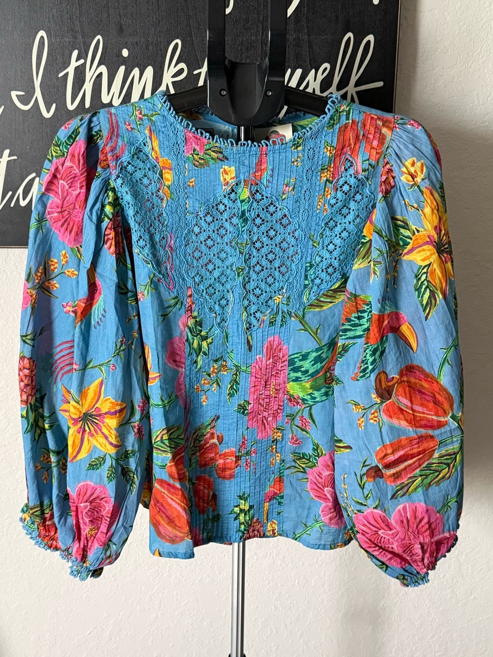 FARM Rio Toucans Lace Inset Balloon Sleeve Blouse